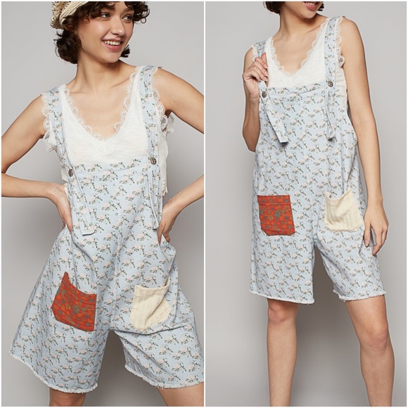 POL Dusty Blue Floral Print Raw hem Bib Overalls - Picture 1 of 2